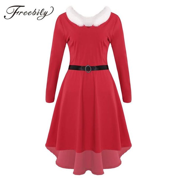 Robe mi-longue rouge de noël pour femmes, garniture en fausse fourrure blanche, manches longues, ourlet haut-bas, avec ceinture, Costume de fête de noël pour Mme Santa Claus271x