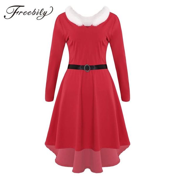 Robe mi-longue rouge en fausse fourrure pour femmes, manches longues, ourlet haut-bas, avec ceinture, Costume de fête de noël pour Mme Santa Claus, 264T