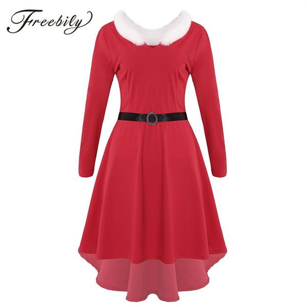 Robe mi-longue rouge en fausse fourrure pour femmes, manches longues, ourlet haut-bas, avec ceinture, Costume de fête de noël pour Mme Santa Claus, 322h