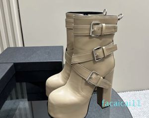 Bottines gothiques à talons hauts épais en cuir Pu pour femme, bottines courtes à plateforme épaisse avec fermeture éclair au dos, avec boîte