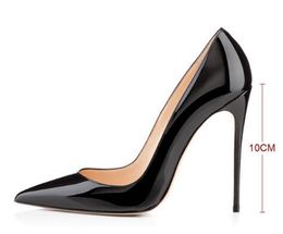 Zapatos de tacón alto formales de 10cm y 12cm para mujer, calzado de charol negro con punta en pico y diseño clásico para mujer, zapatos de boda baratos