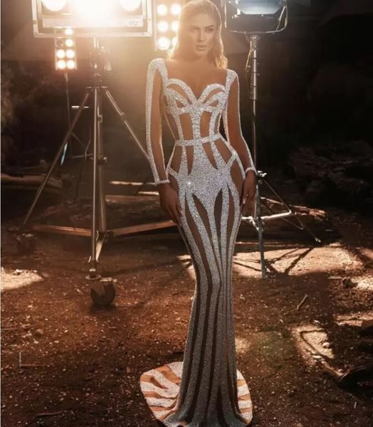 Robe de soirée en tissu pour femmes Yousef aljasmi, manches longues, sirène, perles blanches, Labourjoisie Kim kardashian kylie jenner wly935