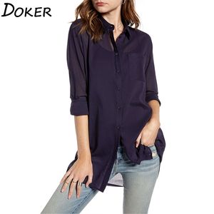 Dameskleding Design Office Chiffon Blouse Turn-down Collar Lange mouw Effen Kleur Zakhemd Womens Tops en Blouses 210603