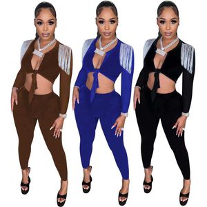 Vrouwende kledingpak Tracksuits Tweedeksels Set nieuwe mode casual kwastje verbanden taille solide kleur jogger outfits dames