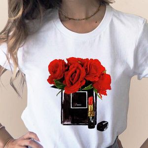 Vrouwen Kleding Print Bloem Tee Parfumflesje Zoete Korte Mouw Gedrukt Shirt T Vrouwelijke T-shirt Top Casual Vrouw