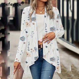 Roupas femininas outono vintage floral impressão elegante cardigan jaquetas senhoras manga longa solta túnica topos irregular outerwear casaco 240104