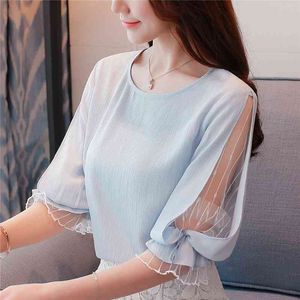 Vrouwen kleding blouse shirt casual ruche halve mouw tops splitsen chiffon mesh bloem blusas 921e 210420