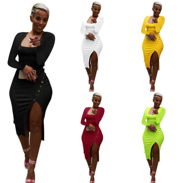 Vêtements pour femmes robes de créateurs jupe moulante Sexy couleur unie col carré en tricot mince à manches longues fendu Maxi robe Clubwear