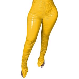 Femmes Vêtements Mode Casual Crayon Maigre Faux Pantalon En Cuir Dames Taille Haute Plissée Pantalones De Cuero Mujer 210604