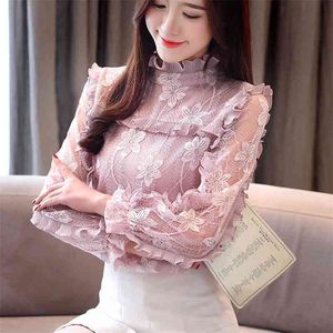 Vrouwen kleding bloemen uit hekelveer kanten shirt zie door eenvoudige vrouwelijke elegante longsleeve kanten dames blouse shirts 50g 210401