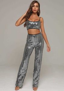 Vrouwen kleding set sexy sparkly twee stukken gestreepte partij beroemdheid bandage crop tops boot cut broek broek 210527