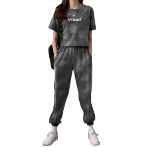 Vrouwen Kleding Sets Korte Mouw T-shirt + Broek 2 Stuks 2024 Zomer Camoue Tie-Geverfd Losse Tees Tops Sport casual Pak Nieuwe H7Eg #