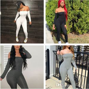 Dameskleding Sexy Jumpsuits 4 Kleur One Line Schouder Lange Mouw Heup Lift Slanke Romper Dames Casual Mode One Piece Broek