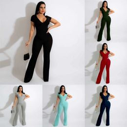 Women Clubwear Jumpsuits Diseñador de diseñadores 2024 Summer Slim Sexy Fashion Ladies Mompers Color sólido Pantalones con cuello en V acampado Bodysuit de manga corta