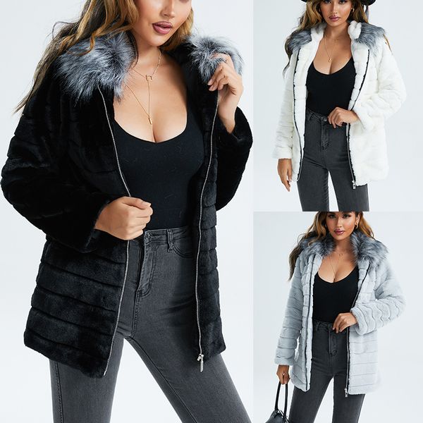 Abrigo de mujer regalo de acción de gracias Invierno Piel de zorro sintética exterior cálido ocio moda calle tiro manga larga Abrigos con cuello de piel blanco gris color negro chaqueta con capucha talla S-3XL