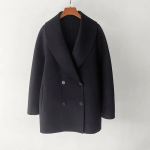 Manteau femme hiver 2023 laine noire et cachemire double boutonnage boutons mode col à rabat manteau ample femme