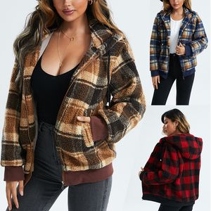 Abrigo de mujer Invierno Faux Fox Fur abrigos a cuadros chaqueta con capucha Calor al aire libre Moda casual ocio calle regalo de acción de gracias chaquetas de manga larga TAMAÑO S / M / L / XL / 2XL / 3XL