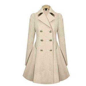 Abrigos de mujer Gabardina de invierno Moda Abrigo sólido Cuello doblado Prendas de abrigo delgadas Botón Negro Azul marino Beige Ropa T220809