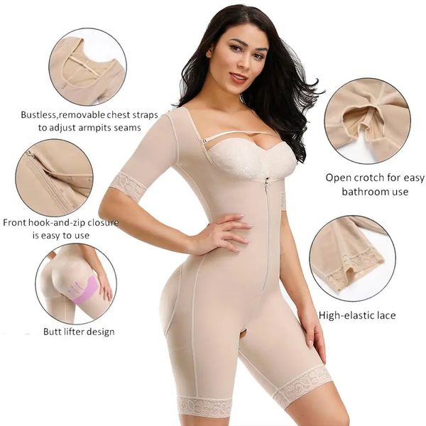 Femmes Colombianes après la chirurgie Full Body Arm Shaper Suit Corps Powernet Girdle Black Taist Trainer Corsets Slimming Shapewear 240409