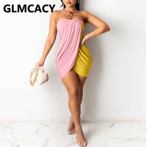 Mini-robe moulante sans bretelles à blocs de couleurs pour femmes 210702