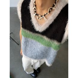 Mujeres Color Block Vintage Vneck suéter chaleco 2023 Otoño Invierno moda coreana en punto diseño de nicho empalmado Tops sueltos 240113