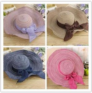 Vrouwen kleurrijke grote riem hoed zon floppy brede rand nieuwe bowknot vouwen strand pet hoeden vrouwen zomer