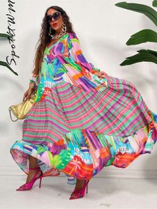 Robe Maxi imprimée colorée pour femmes, décontractée, col en V, manches longues, taille haute, grand ourlet, mode d'été, Robe de plage ample