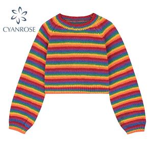 Vrouwen kleurrijke gestreepte regenboog gebreide trui herfst winter Koreaanse stijl casual lange mouw pullover vrouwelijke crop top 210417