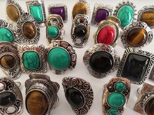 Vrouwen Kleurrijke Tibet Zilveren Turquoise Steen Charm Ringen Groothandel Mode Sieraden Ring Nieuwe Gemengde Veel 25pcs / Partij