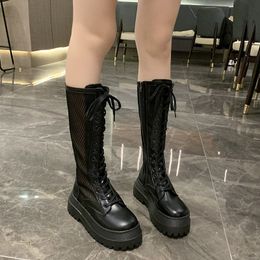 Femmes Combat Hollow Long Boot 2022 Été Femelle High Plateforme Chaussures gothiques Épais Semelle Semelle Femme Haut Bottes Haute Bottes Noir Beige