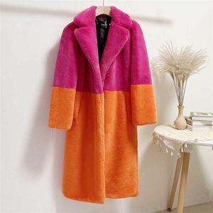 Femmes contraste couleur vison Faux grande taille manteau de fourrure S-5XL hiver dame longue casaco feminino de pelinho 211220