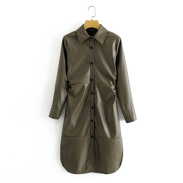 Femmes cool PU plie des plis de couleur artificielle solide robe en cuir artificiel peut être porté à l'extérieur Robes longues à boutonnelles 210520