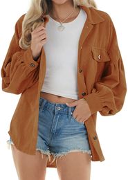 Vrouwen corduroy knop naar beneden shirts lange lantaarn mouw shacket casual oversized druppel schouderblouse tops met zakken