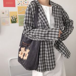 HBP, bolso de hombro de pana para mujer, bolso de lona a rayas con bordado de osos de la suerte, bolso de mano de tela ecológica, bonitos bolsos de compras suaves para mujer