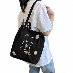 Mujeres Bolsas de hombro de pana de oso Patrón de oso Damas Momos informales Reutilizables Bolsas de mano de gran capacidad Bolsas casuales de tiendas femeninas 5287#