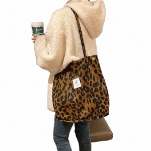 Femmes Sacs à bandoulière en velours côtelé Doublure en toile Leopard Design Eco Cott Sac à main en tissu Livres mignons Fourre-tout Sac de magasin pratique pour dames O66l #