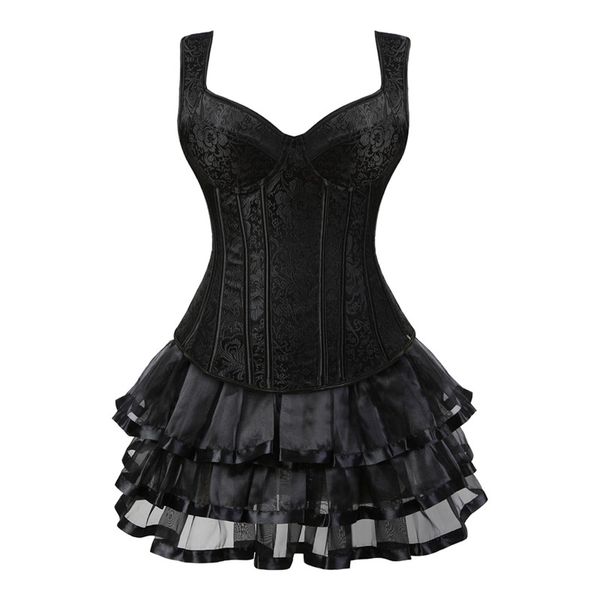 Femmes Corset Gilet Jupe Ensemble Rétro Steampunk Side Zipper Halterneck Jacquard Overbust Bustier avec Layered Mini Jupe Plus La Taille S-6XL