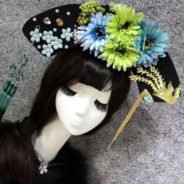 Femmes Cosplay fleur strass perle chapeaux glands chapeau chinois National ancien Costume coiffe de tête de mariage accessoires de cheveux