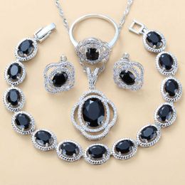 Vrouwen kostuum mode-sieraden sets zilveren kleur natuurlijke zwarte steen CZ oorbellen ketting armband en ring 12- kleur sieraden H1022