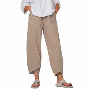 Femmes Cott Lin Harem Pantalon Vintage Imprimé Large Jambe Pantalon Casual Poches Solides Harajuku Taille Haute Baggy Pantalon Joggers a3H6 #
