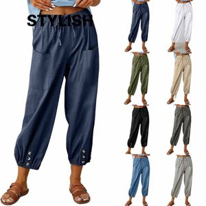 Pantalon en lin Cott pour femmes, couleur unie, taille élastique, ample, droit, Harajuku, taille haute, jambes larges, automne 2023, y0JT #