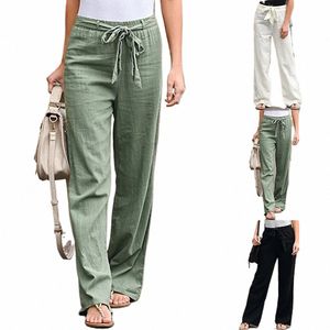 Pantalon en lin Cott pour femmes, taille élastique, ample, droit, décontracté, couleur unie, longueur cheville, été 2023, 91n1 #