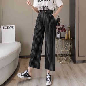 Vrouwen katoen en linnen gestreepte broek zomer vrouwelijke elastische taille losse casual brede beenbroek dunne broek streetwear 210423