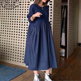Femmes coton robes grande taille XL-5XL automne col rond à manches longues poche faux deux pièces Robe ample 13345 210506
