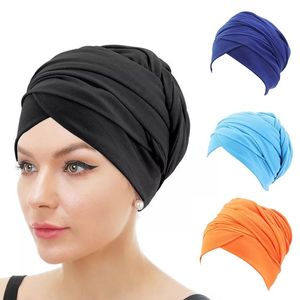 Femmes Cotton Elastic Headscarf Stretch Band Band Long Tail Tête Bonnet Bonnet Indian Héberat Muslim Dames Hair Accessoires 240430