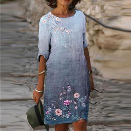 Vestido feminino de linho de algodão verão manga curta decote redondo mini vestido estampa floral oversize solto boho vestido de praia vestido de verão vestido