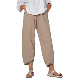 Pantalones Harem de lino y algodón para mujer, pantalones de pierna ancha con estampado Vintage, pantalones holgados informales de cintura alta con bolsillos lisos Harajuku, pantalones para correr