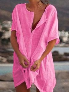 Mujeres algodón lino blusa larga verano manga corta botón sólido camisa casual vintage de gran tamaño S8XL FYY1071 240322
