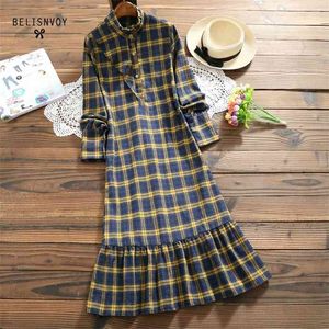 Vrouwen katoen linnen midi jurk lente herfst vrouwelijke mode vintage plaid a-lijn lange mouw ruches elegante vestidos 210520