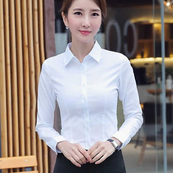 Femmes Coton Shirts Femme Champe blanche Blouse à manches longues Office Lady Business Pink Plus Size Work Blouses Top 210604